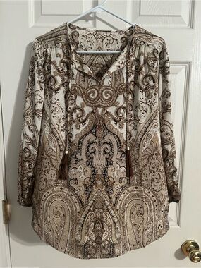 Paisley Print Tassel Tie Women's Blouse - Cream/Brown